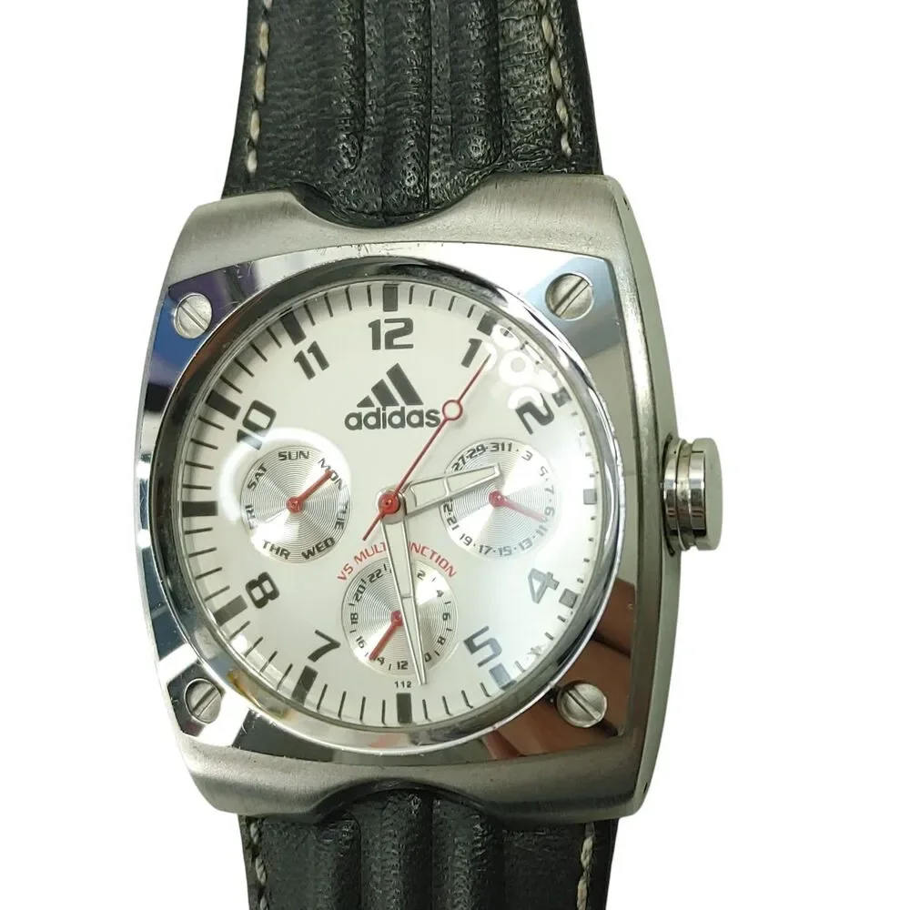 Adidas 10-5005 VS Multifunction Watch Silver White Dial Black Leather Band